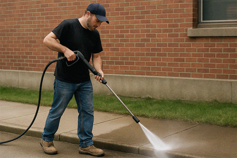Exterior cleaning team working on deck restoration