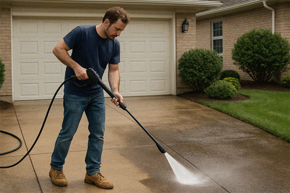 Pressure washing team cleaning driveway with equipment