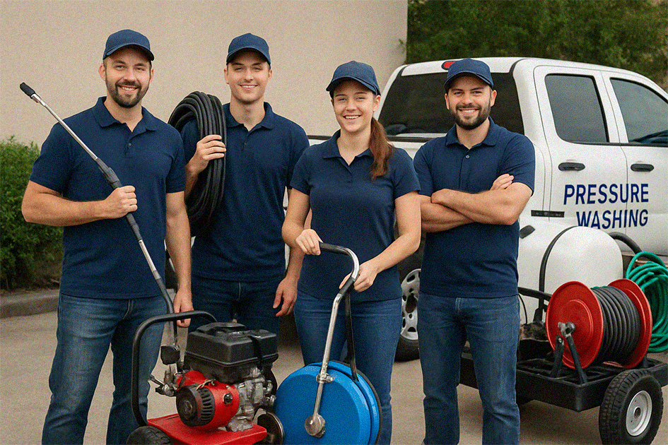 Pressure washing professionals cleaning residential driveway