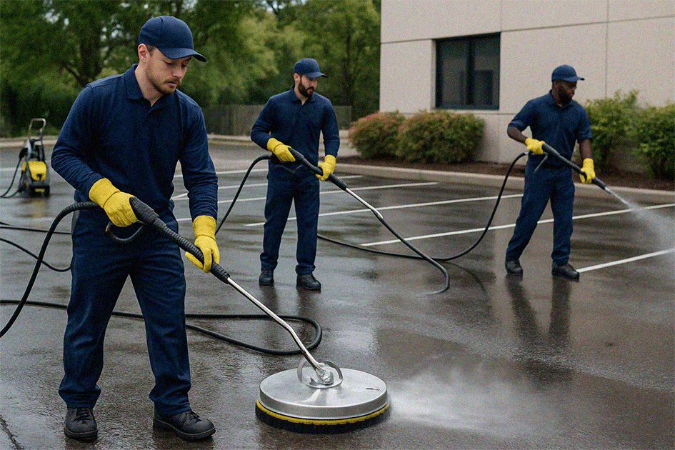 Exterior cleaning team working on driveway project