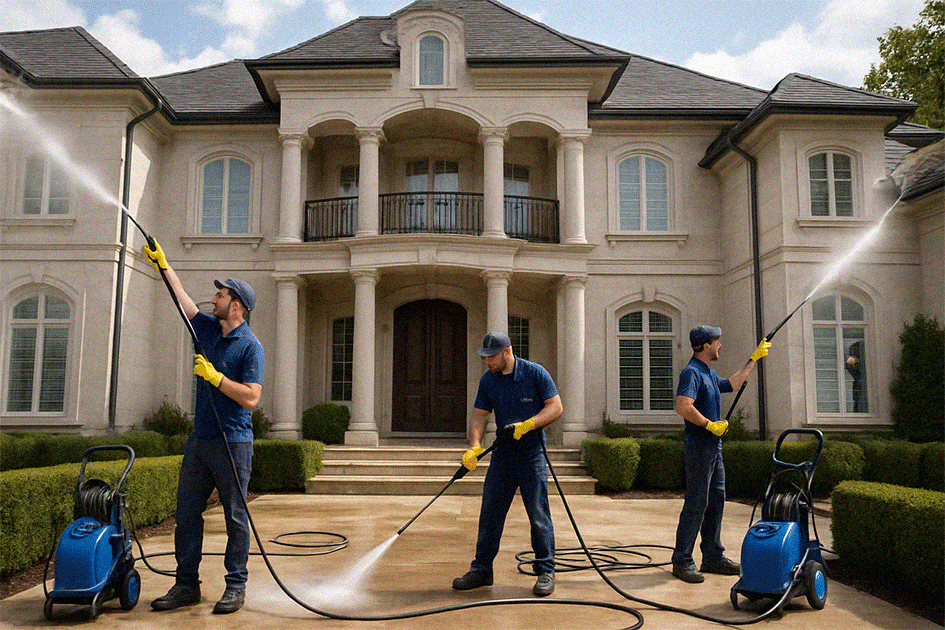 Pressure washing team cleaning concrete with professional tools