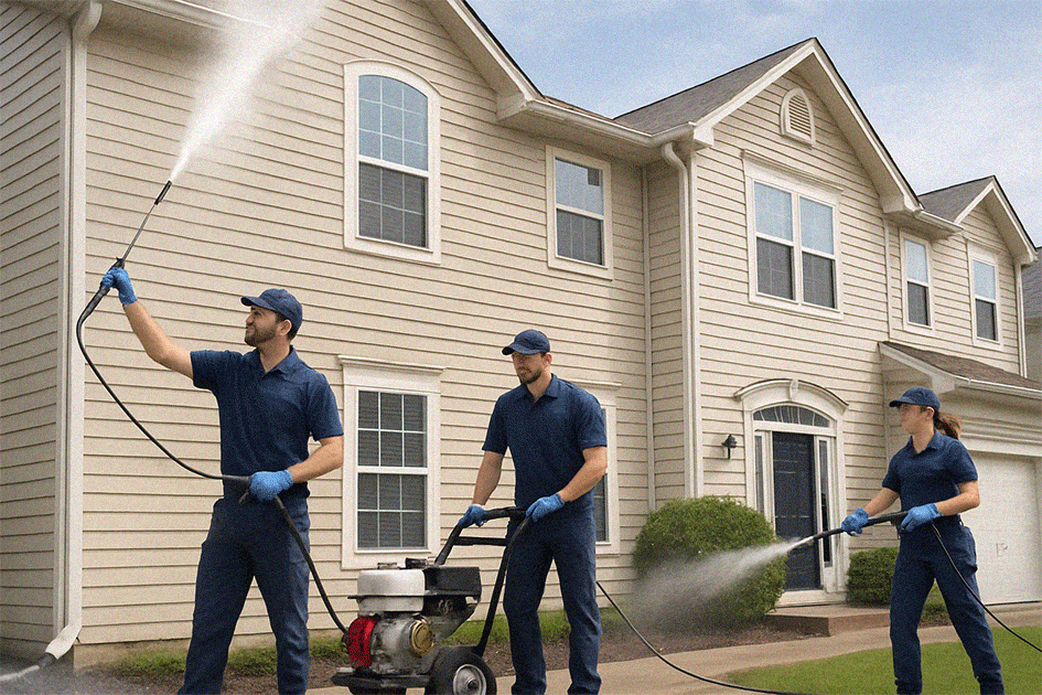 Professional pressure washing equipment cleaning driveway surface