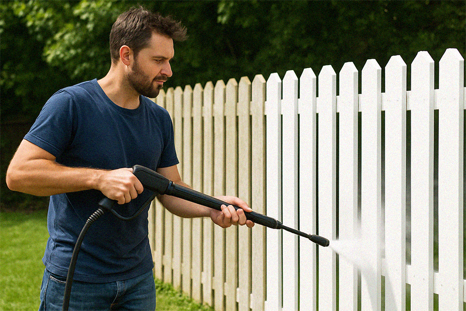 Exterior cleaning team working on residential siding