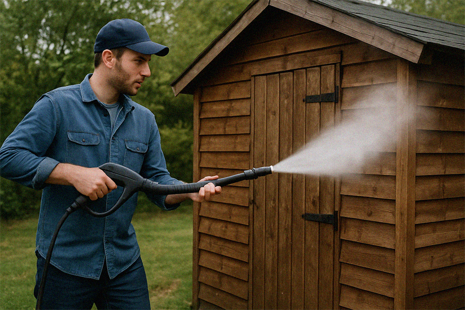 Pressure washing professionals working around landscaping