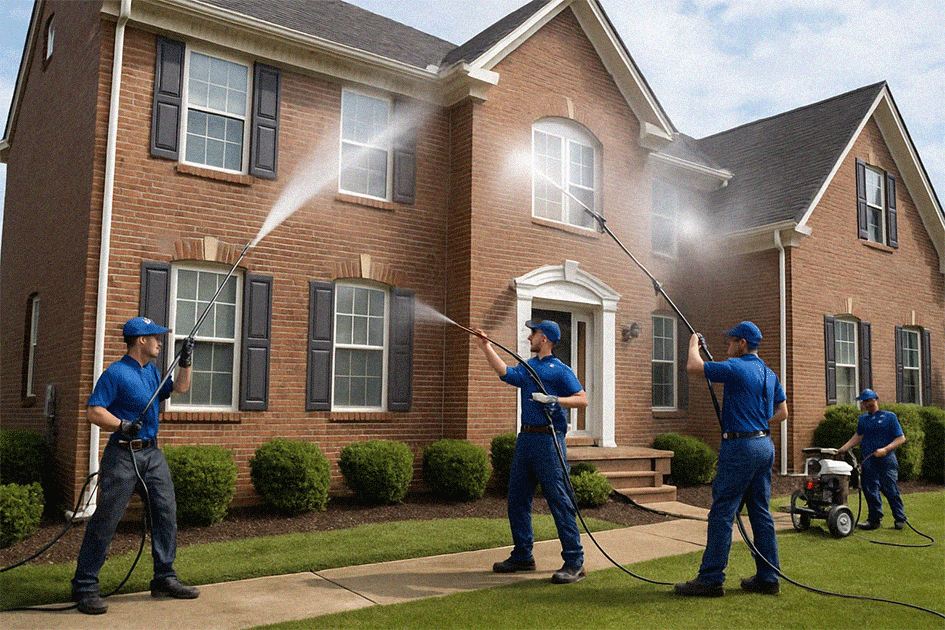 Pressure washing team improving home exterior appearance