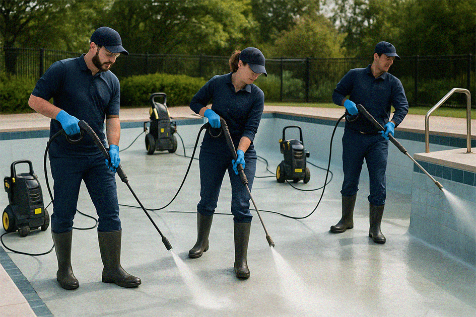 Pressure washing specialists working on home for sale