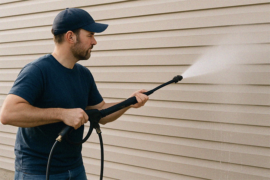 Pressure washing team cleaning mold from siding